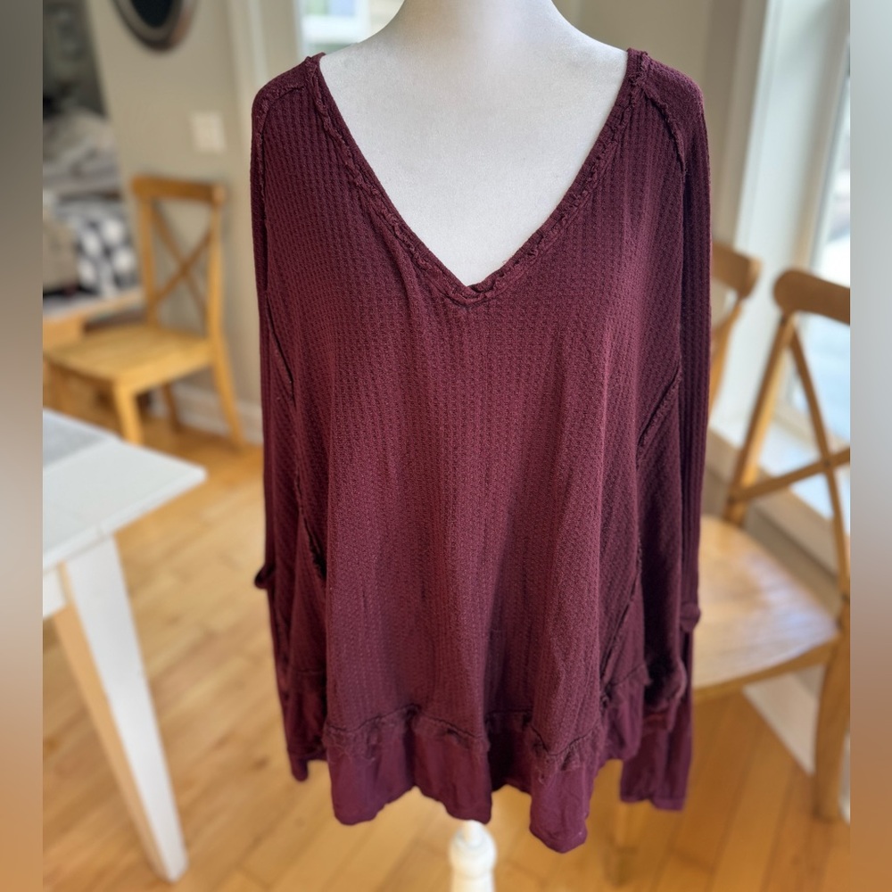 Vintage Y2K Free People We The Free Burgundy Wine Thermal Ruffle Hem Tunic Top